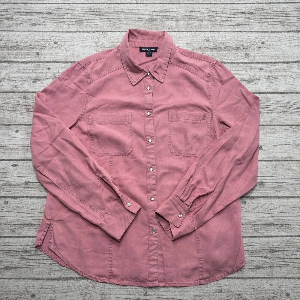 Nautica Dress Shirt Women's Medium Pink Pearl Snap Long Sleeve Lyocell Workwear